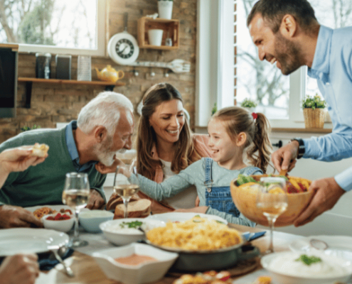 Family gathering around the table during the holidays laughing